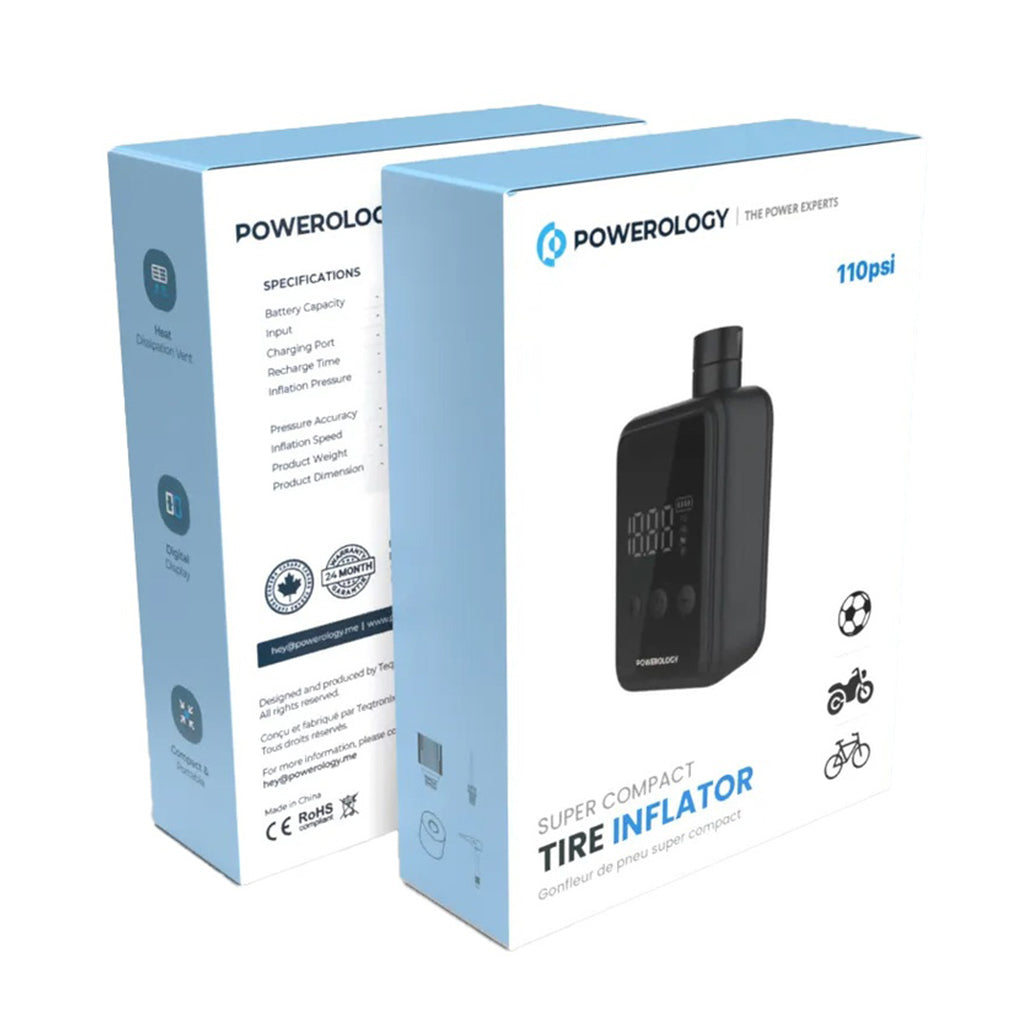 A Photo Of Powerology Super Compact Tire Inflator - Efficient, Portable & Sleek Black Design