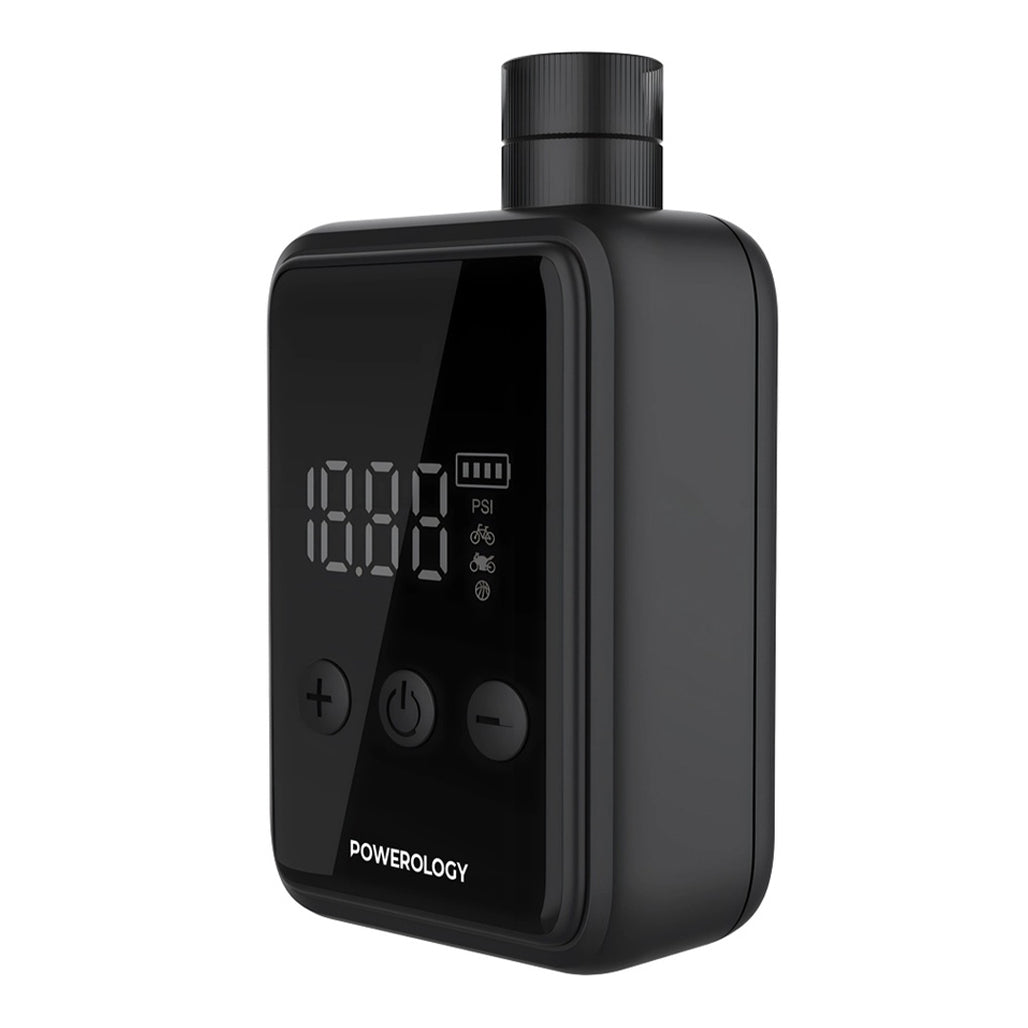 A Photo Of Powerology Super Compact Tire Inflator - Efficient, Portable & Sleek Black Design