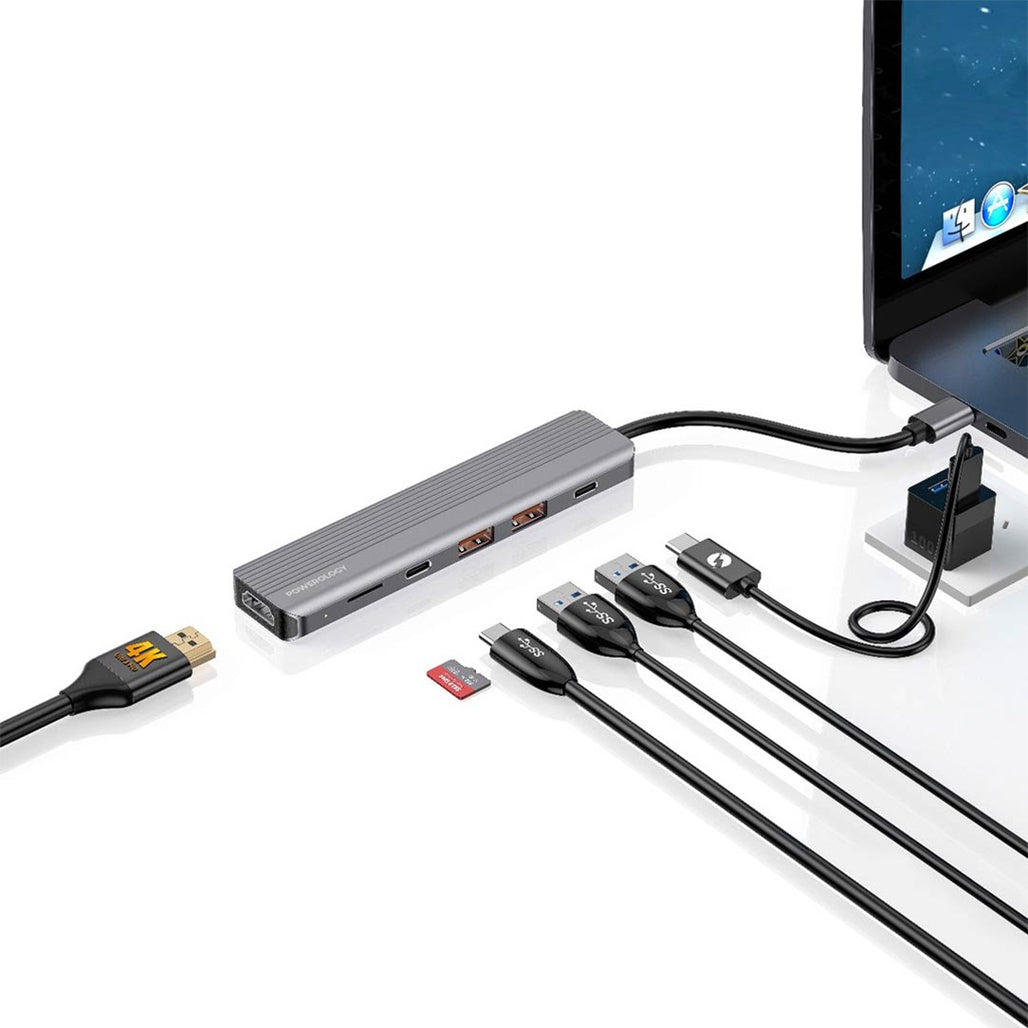 A Photo Of Powerology 6-in-1 Slim 4K HDMI USB-C Hub – High-Speed Data Transfer, PD100W Charging, 4K UHD, Micro SD Slot