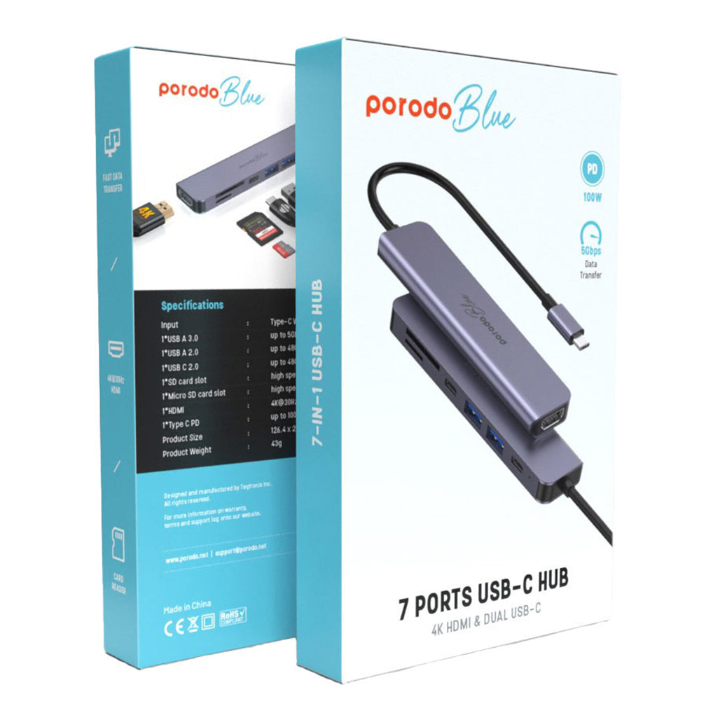 A Photo Of Porodo Blue 7-in-1 USB-C Hub with HDMI, Dual USB-A & USB-C, SD & MicroSD Card Readers