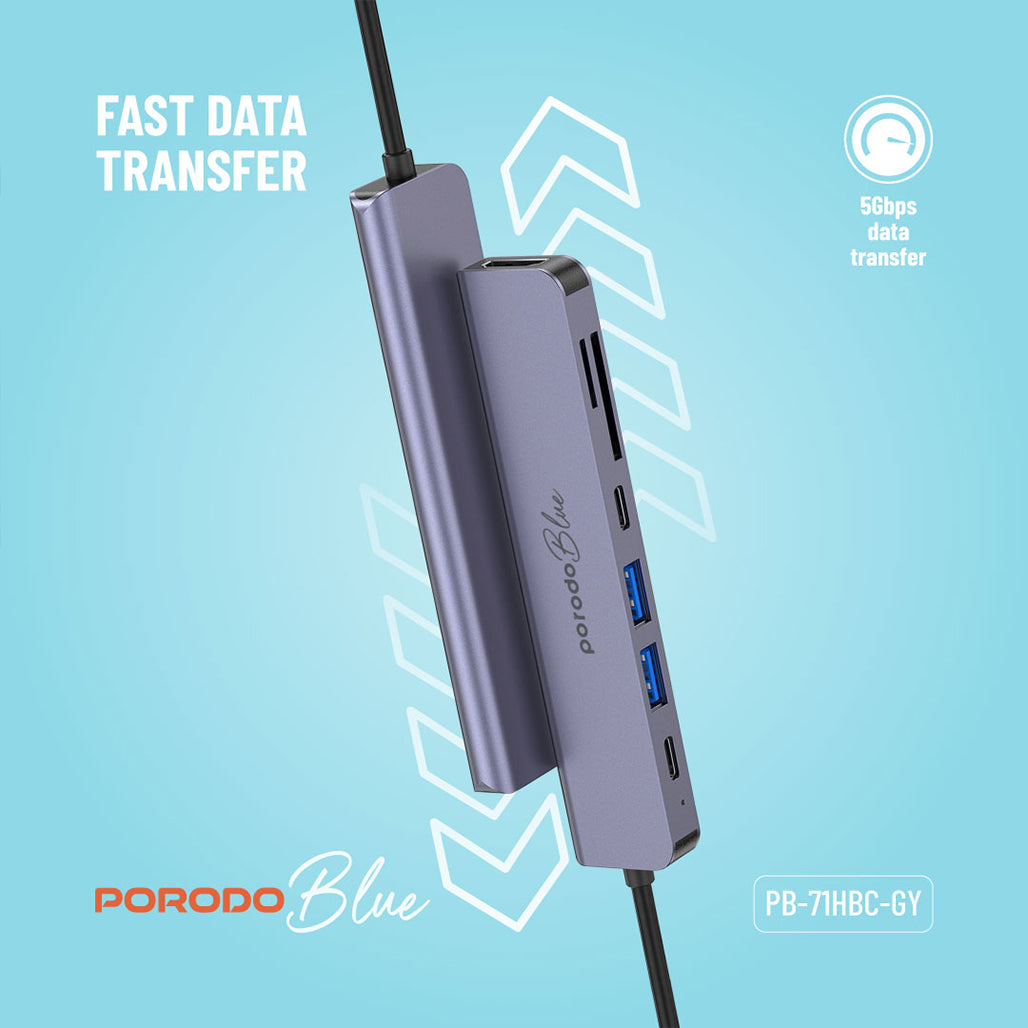 A Photo Of Porodo Blue 7-in-1 USB-C Hub with HDMI, Dual USB-A & USB-C, SD & MicroSD Card Readers