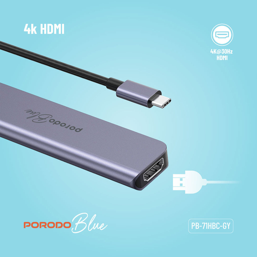 A Photo Of Porodo Blue 7-in-1 USB-C Hub with HDMI, Dual USB-A & USB-C, SD & MicroSD Card Readers