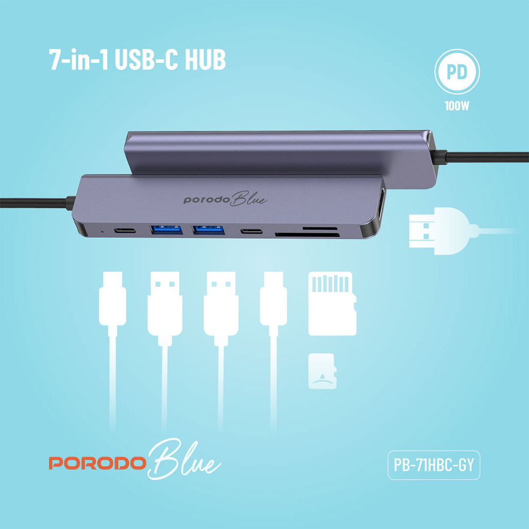 A Photo Of Porodo Blue 7-in-1 USB-C Hub with HDMI, Dual USB-A & USB-C, SD & MicroSD Card Readers