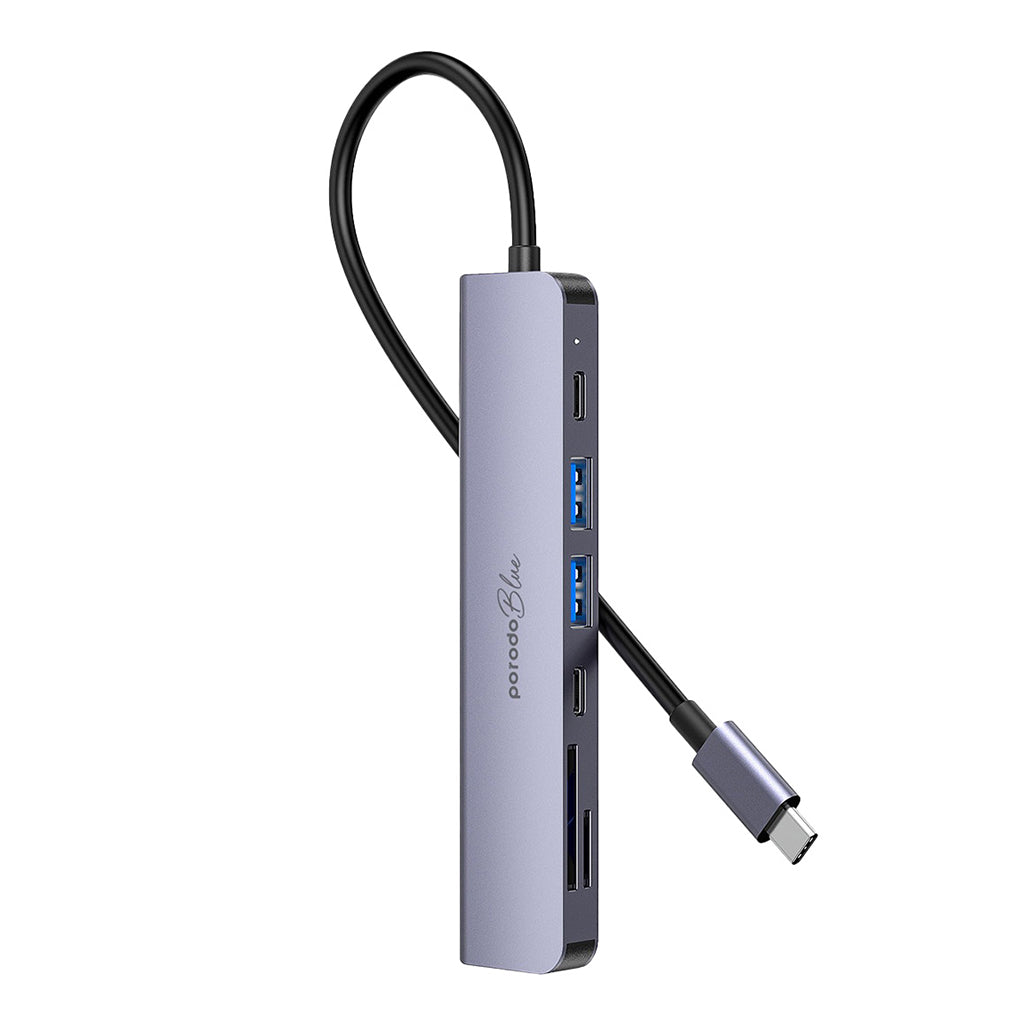 A Photo Of Porodo Blue 7-in-1 USB-C Hub with HDMI, Dual USB-A & USB-C, SD & MicroSD Card Readers