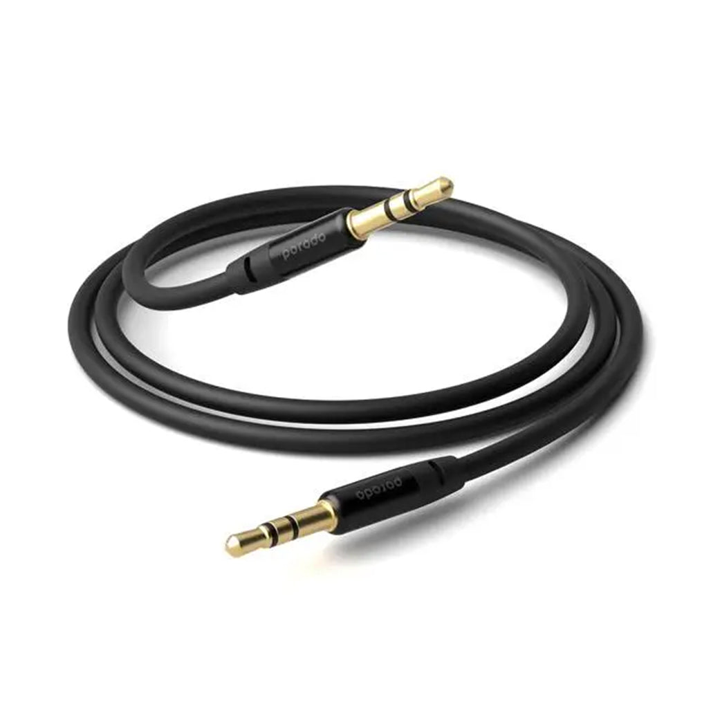 A Photo Of Porodo 3.5mm Male to Male AUX Audio Cable, 1M - Black, Tangle-Free and Wear-Resistant