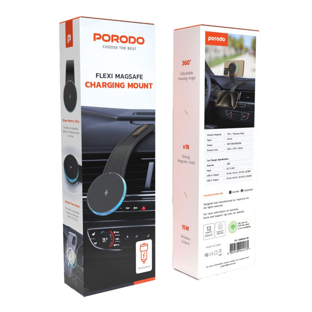 A Photo Of Porodo 15W Magnetic Wireless Car Mount with Dual Port Fast Charger & 1M USB-C Cable – Black