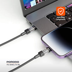 A Photo Of Porodo 30W PD Braided USB-C to Lightning Fast Charging Cable – Durable & Transparent Design, 1.2M