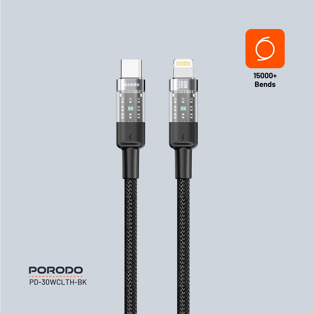 A Photo Of Porodo 30W PD Braided USB-C to Lightning Fast Charging Cable – Durable & Transparent Design, 1.2M