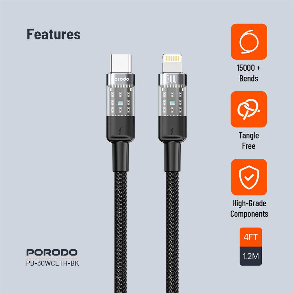 A Photo Of Porodo 30W PD Braided USB-C to Lightning Fast Charging Cable – Durable & Transparent Design, 1.2M