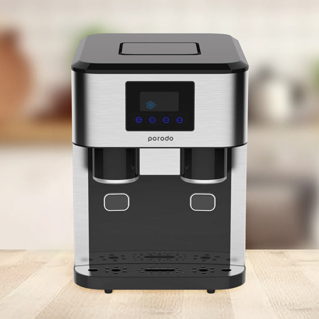 A Photo Of Porodo 3-in-1 Ice Maker, Ice Crusher, and Cold Water Dispenser – Black | High-Capacity, Efficient, and Compact