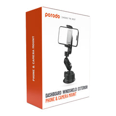 A Photo Of Porodo Dashboard Windshield Exterior Phone & Camera Mount – Secure, 360° Adjustable Device Holder with Strong Suction