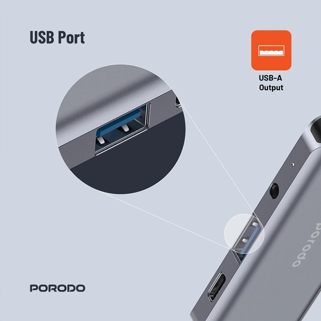 A Photo Of Porodo 4-in-1 USB-C Hub with 100W PD, 4K HDMI, USB 3.0 & 3.5mm Aux – Grey