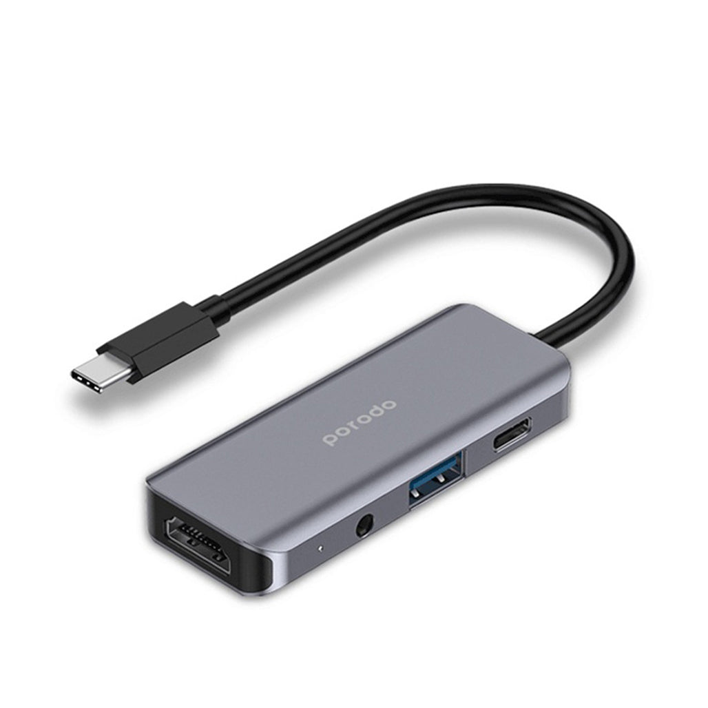 A Photo Of Porodo 4-in-1 USB-C Hub with 100W PD, 4K HDMI, USB 3.0 & 3.5mm Aux – Grey