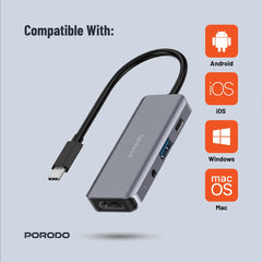 A Photo Of Porodo 4-in-1 USB-C Hub with 100W PD, 4K HDMI, USB 3.0 & 3.5mm Aux – Grey