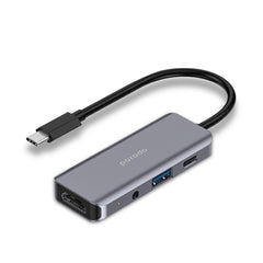 A Photo Of Porodo 4-in-1 USB-C Hub with 100W PD, 4K HDMI, USB 3.0 & 3.5mm Aux – Grey