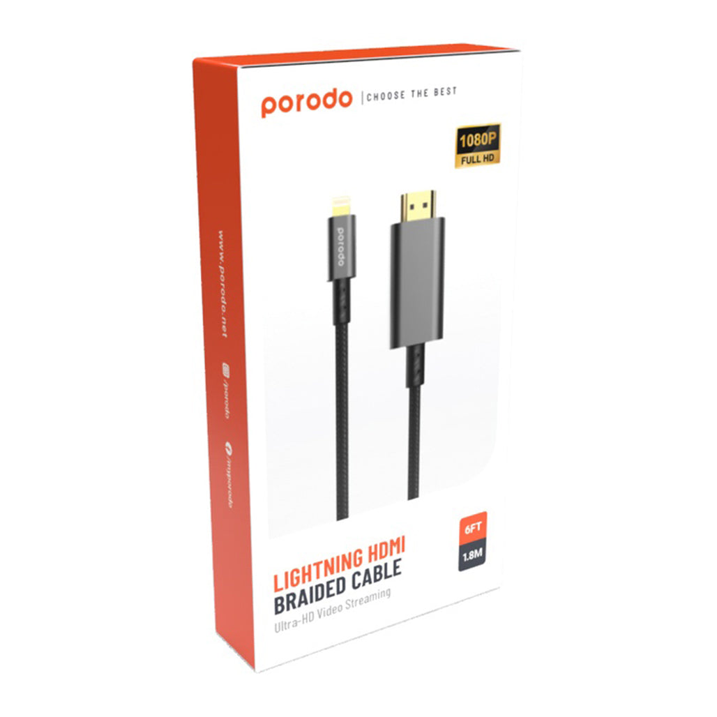 A Photo Of Porodo 4K HDMI to Type Lighting Cable 1.8M | PD-4KHDML-BK