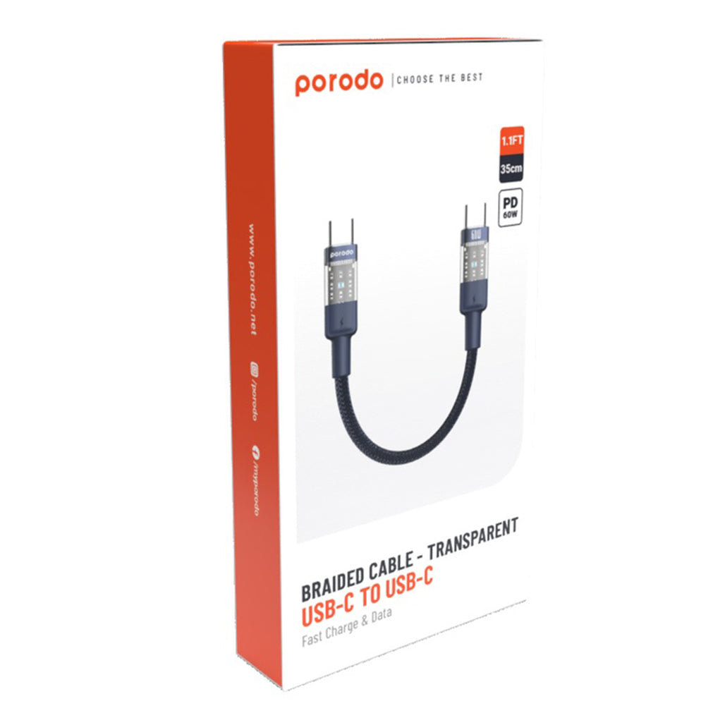 A Photo Of Porodo Braided 60W PD C to C Fast Charging Cable with Transparent Head 35cm