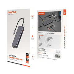 A Photo Of Porodo 9-in-1 USB-C Hub with 100W PD, 4K HDMI, Ethernet, SD Card, USB 3.2, and 3.5mm Aux - Gray