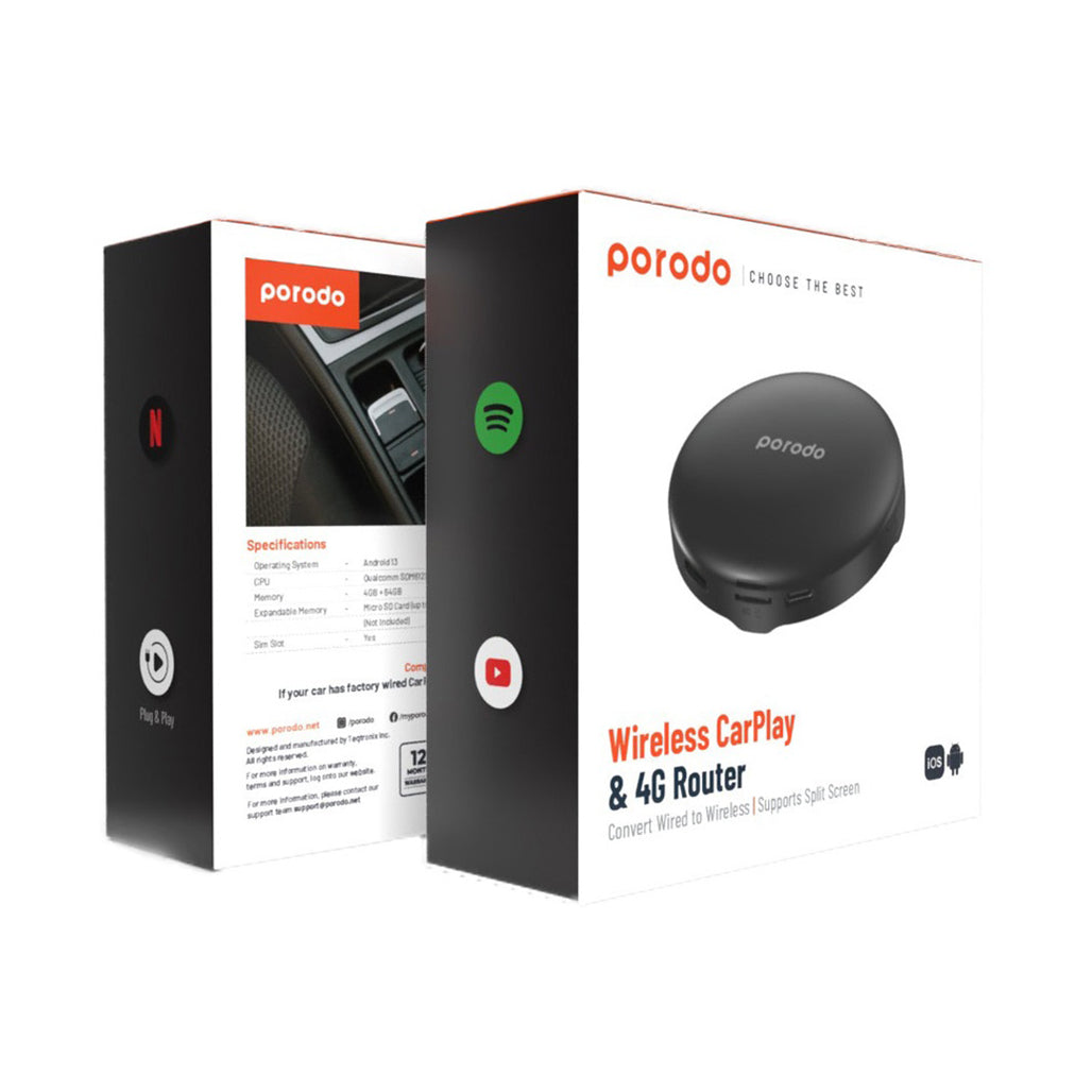 A Photo Of Porodo Android 13 Carplay Box - 4+64GB - 128GB Storage - Black