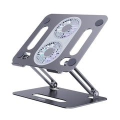 A Photo Of Porodo Aluminum Alloy Adjustable Laptop Stand with Dual Cooling Fans - Grey, Foldable Design for 14