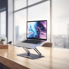 A Photo Of Porodo Aluminum Alloy Adjustable Laptop Stand with Dual Cooling Fans - Grey, Foldable Design for 14