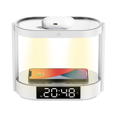 A Photo Of Porodo Bedside Lamp with Wireless Charging, Digital Alarm Clock, and Touch-Dimming - White