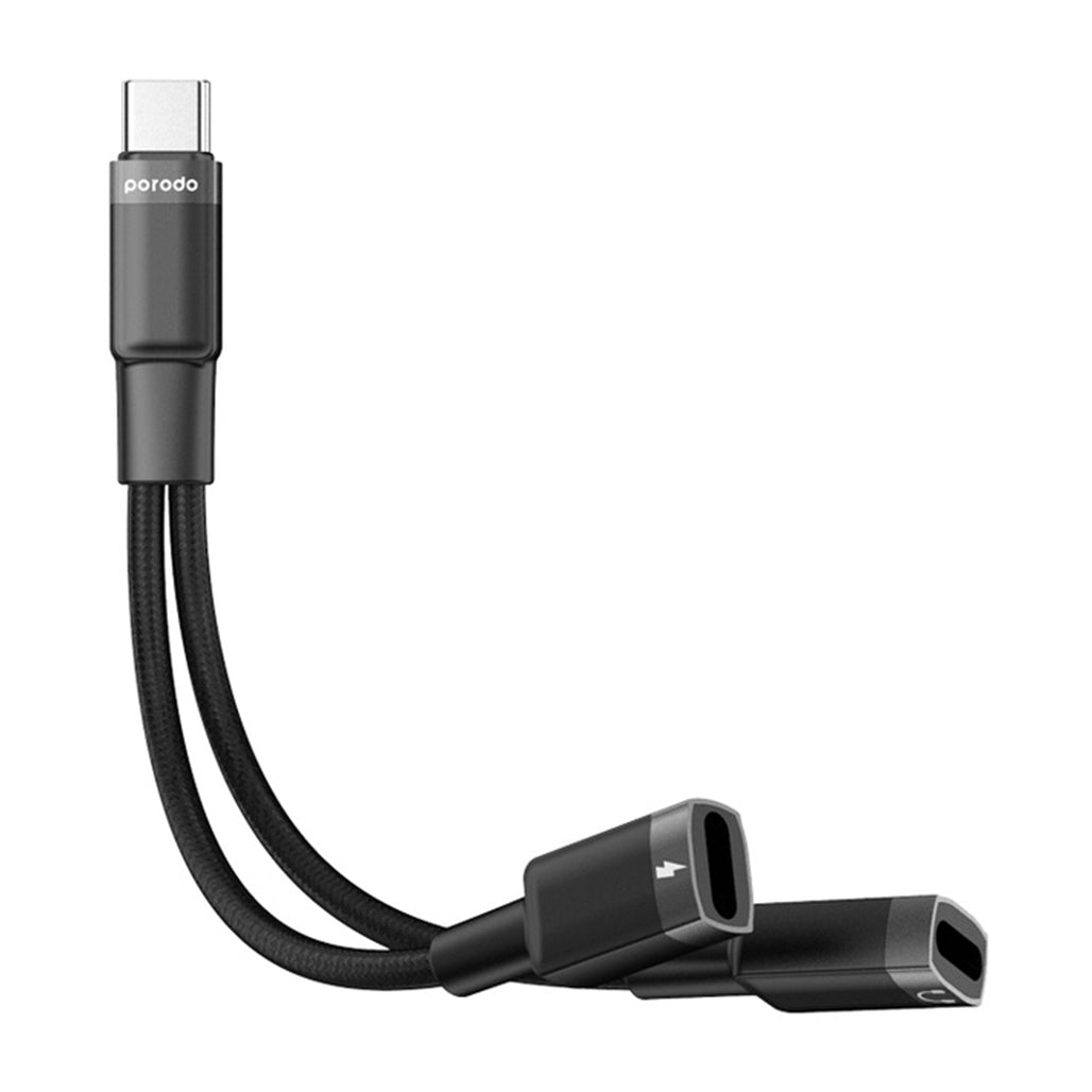 A Photo Of Porodo 2in1 Type-C to 2*Type-C Jack Headphone and Charging Converter Adapter - Black