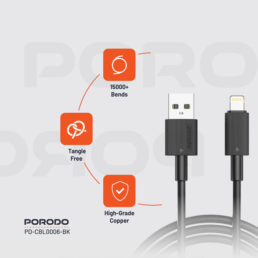 A Photo Of Porodo USB-A to Lightning Durable 3M Fast Charging Cable with 2.4A Current and 480Mbps Data Transfer