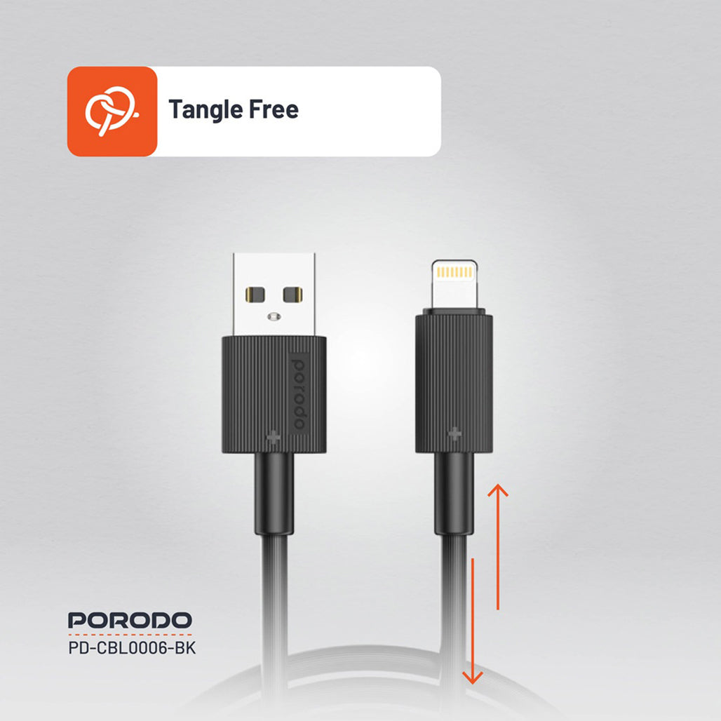 A Photo Of Porodo USB-A to Lightning Durable 3M Fast Charging Cable with 2.4A Current and 480Mbps Data Transfer