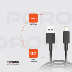 A Photo Of Porodo USB-A to Lightning Durable 3M Fast Charging Cable with 2.4A Current and 480Mbps Data Transfer