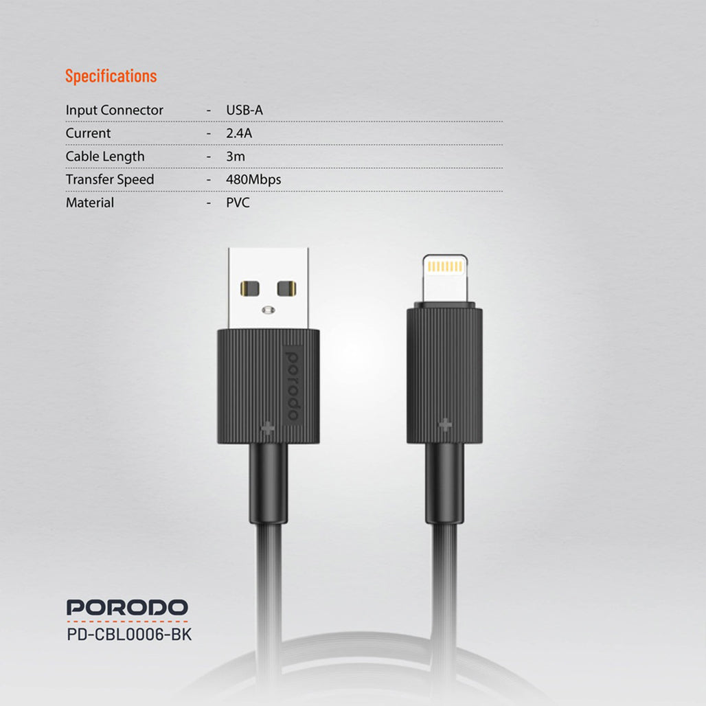 A Photo Of Porodo USB-A to Lightning Durable 3M Fast Charging Cable with 2.4A Current and 480Mbps Data Transfer