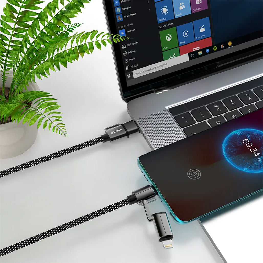 A Photo Of Porodo 4-in-1 Aluminum Fast Charging Cable | USB-C & USB-A to Type-C & Lightning - Black