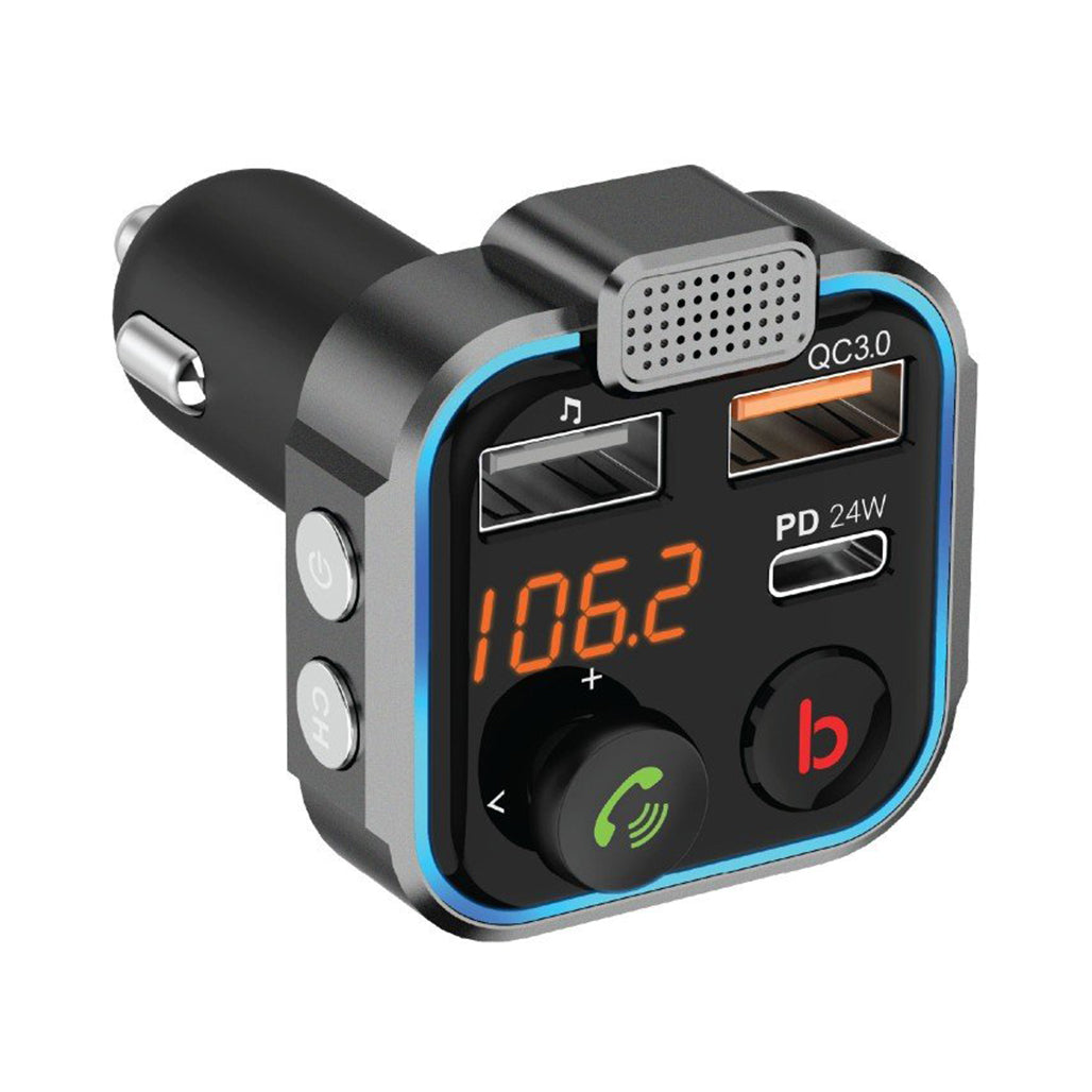 A Photo Of Porodo Smart Car Charger FM Transmitter with 24W PD Port & QC 3.0 - Black