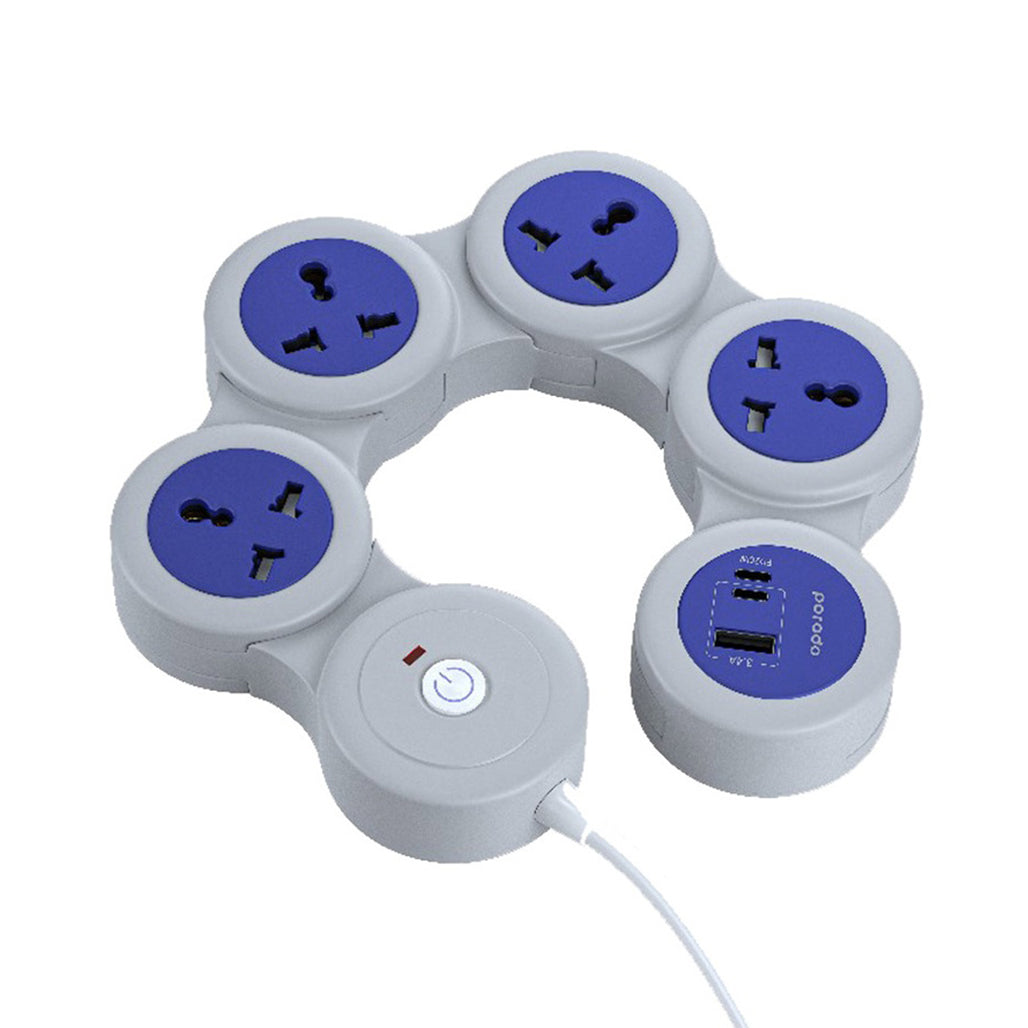 A Photo Of Porodo USB-A and Type-C Multiport Socket Strip with UK Plug – 2500W, 20W PD Fast Charging, 1.8M Cable, Universal Sockets, Over-Heat Protection