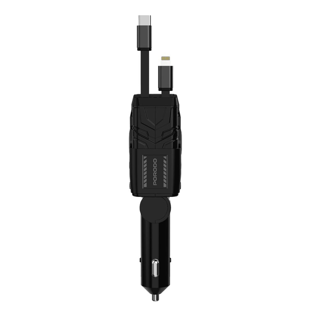 A Photo Of Porodo 66W Car Charger with Lightning & Type-C Cables – Black