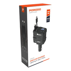 A Photo Of Porodo 66W Car Charger with Lightning & Type-C Cables – Black