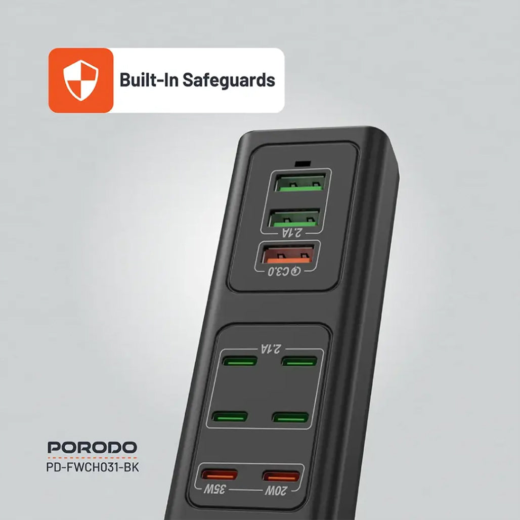 A Photo Of Porodo 85W Multi-Port USB Charging Hub - Fast Charging with 9 Ports, UK Plug, and 2M Cable