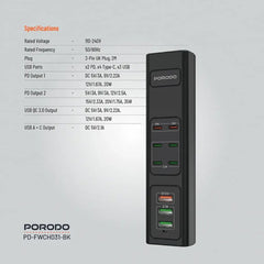 A Photo Of Porodo 85W Multi-Port USB Charging Hub - Fast Charging with 9 Ports, UK Plug, and 2M Cable