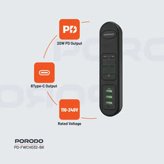 A Photo Of Porodo 50W Multi-Port USB Charging Hub - 9-Port Fast Charger with 2 PD 20W Outputs - Universal 110-240V - Compact Black Charger for Home & Office