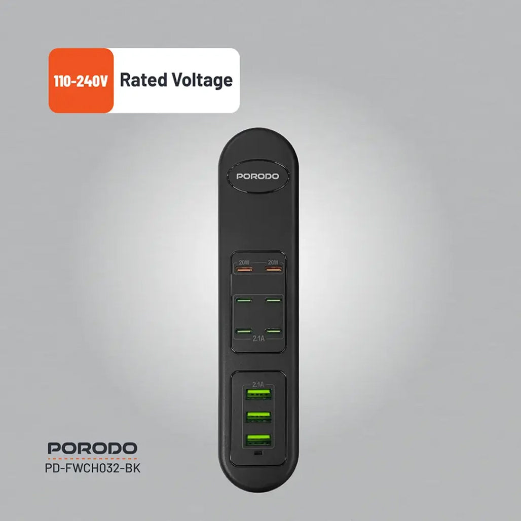 A Photo Of Porodo 50W Multi-Port USB Charging Hub - 9-Port Fast Charger with 2 PD 20W Outputs - Universal 110-240V - Compact Black Charger for Home & Office