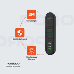 A Photo Of Porodo 50W Multi-Port USB Charging Hub - 9-Port Fast Charger with 2 PD 20W Outputs - Universal 110-240V - Compact Black Charger for Home & Office