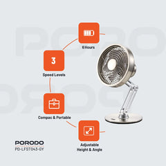 A Photo Of Porodo Lifestyle Metal Desk Fan - Gray | Compact, Rechargeable, and Adjustable Cooling Solution