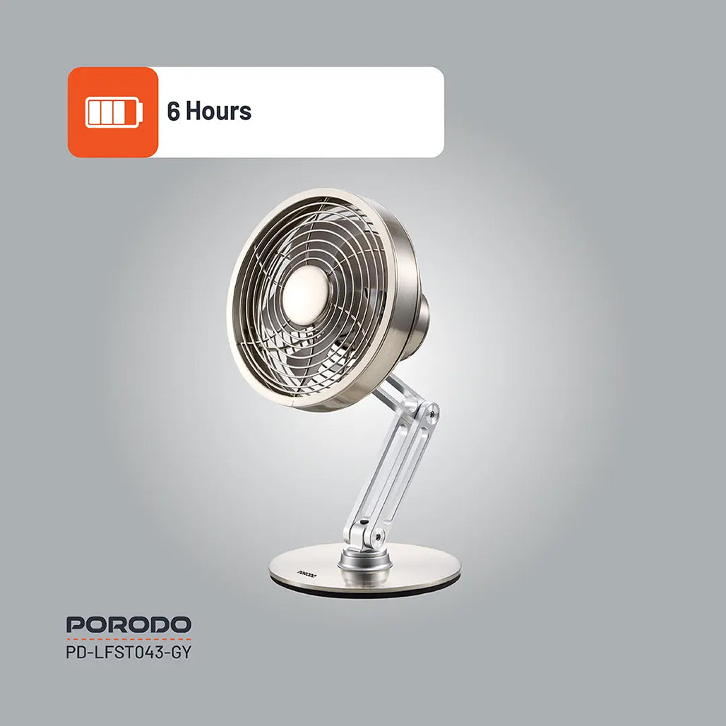 A Photo Of Porodo Lifestyle Metal Desk Fan - Gray | Compact, Rechargeable, and Adjustable Cooling Solution