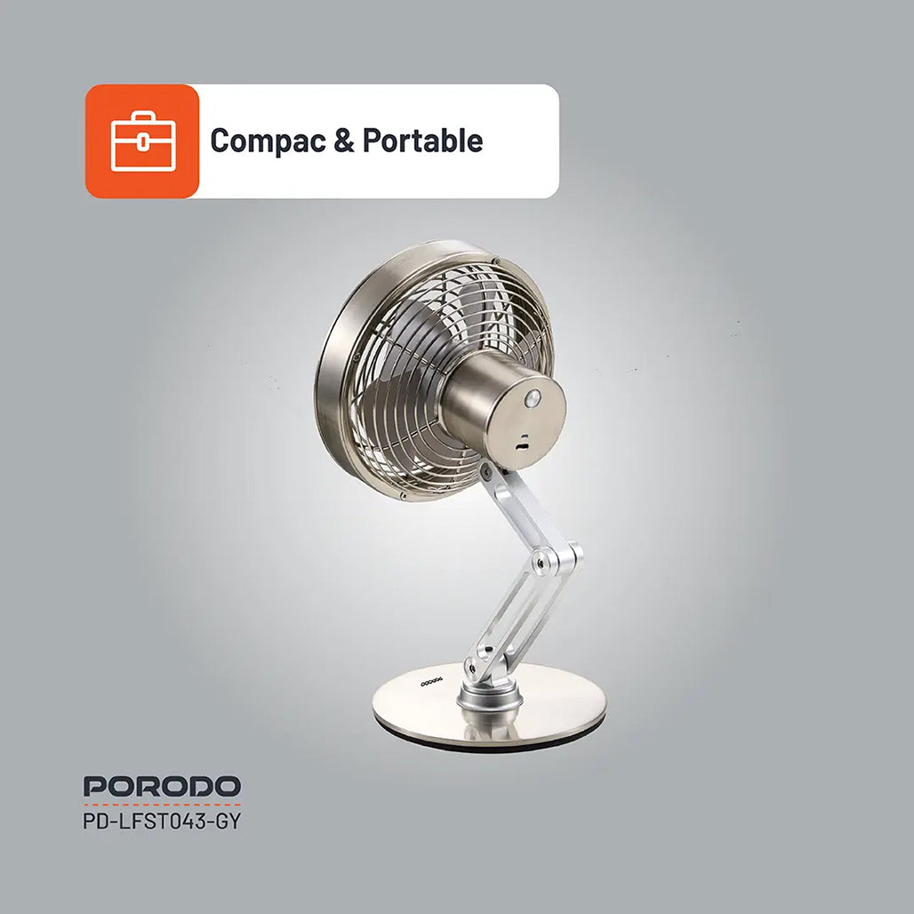 A Photo Of Porodo Lifestyle Metal Desk Fan - Gray | Compact, Rechargeable, and Adjustable Cooling Solution