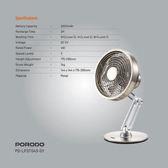 A Photo Of Porodo Lifestyle Metal Desk Fan - Gray | Compact, Rechargeable, and Adjustable Cooling Solution