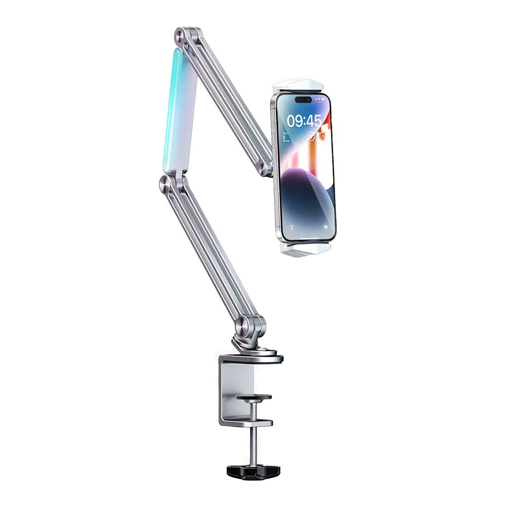 A Photo Of Porodo Multi-Joint Aluminum Desk Mount with RGB Ambient Light and 360° Adjustable Viewing for Phone & Tablet