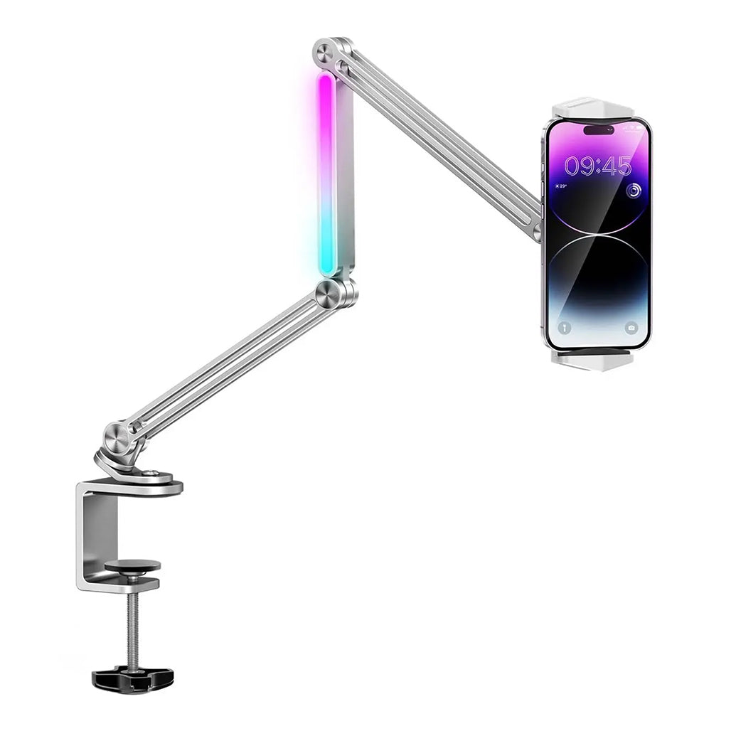 A Photo Of Porodo Multi-Joint Aluminum Desk Mount with RGB Ambient Light and 360° Adjustable Viewing for Phone & Tablet