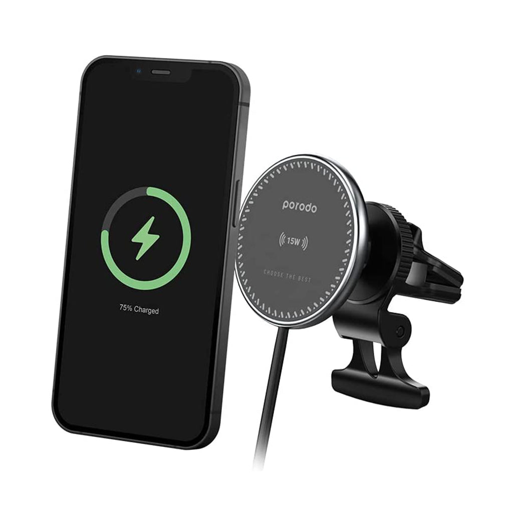 A Photo Of Porodo 3-in-1 Magnetic Car Charger Mount 15W with 20W PD Fast Car Charger, Air Vent Mount & LED Indicator