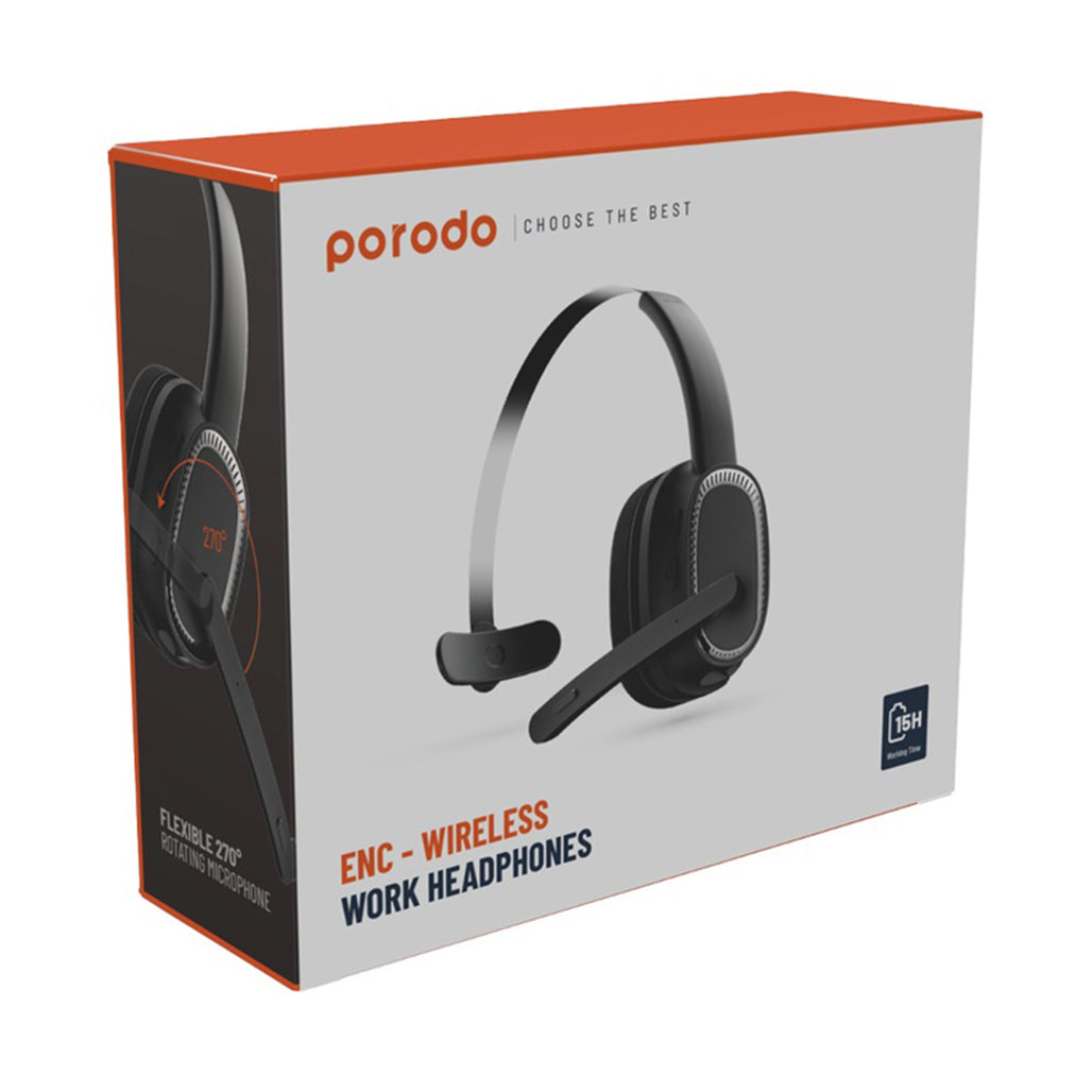 A Photo Of Porodo ENC Wireless Work Headphone - Black | Bluetooth V5.2, Noise-Cancelling Microphone, 15-Hour Battery