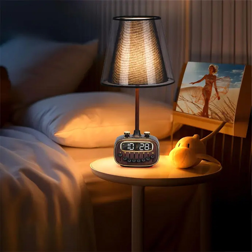 A Photo Of Porodo Lifestyle Retro Desk Lamp with White Noise, Bluetooth Speaker, and Digital Clock - Black